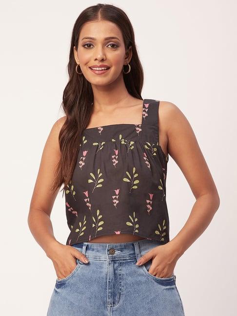 moomaya black floral print crop top