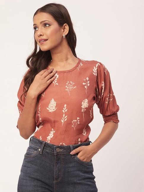 moomaya light brown floral print top