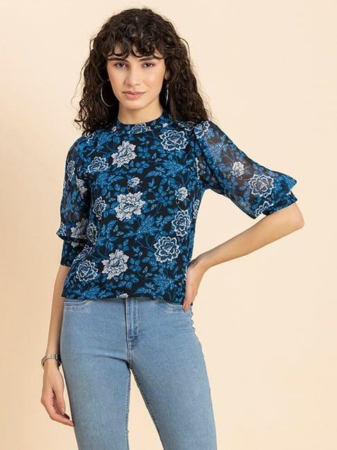 moomaya blue & black floral print top