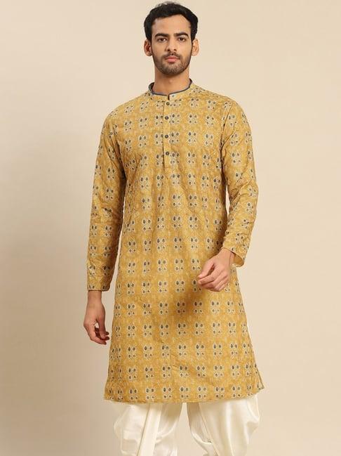 kisah mustuard yellow cotton regular fit floral print kurta