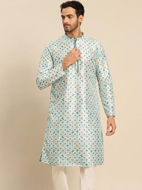 kisah mint green cotton regular fit floral print kurta