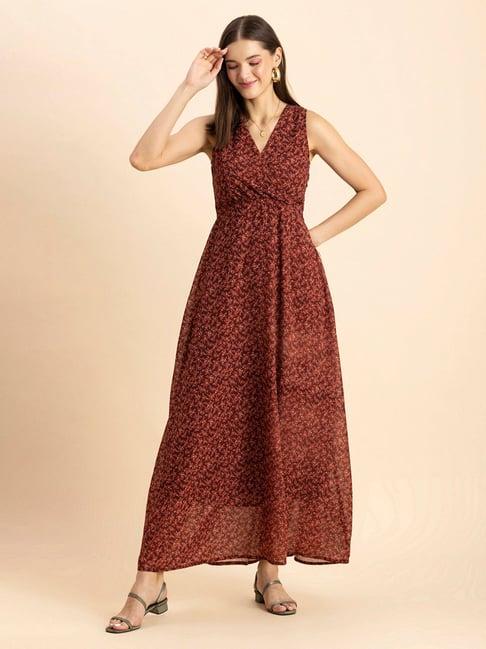 moomaya brown floral print maxi dress