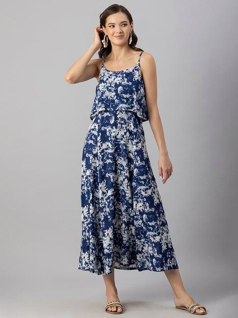 moomaya blue & white floral print maxi dress