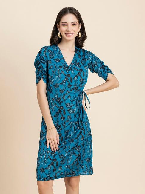 moomaya teal & black floral print wrap dress