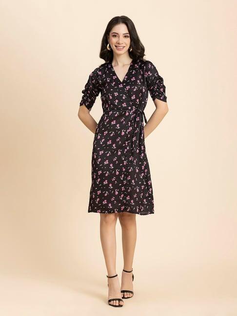 moomaya black & pink floral print wrap dress