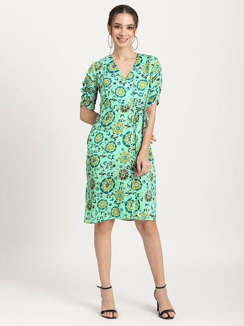 moomaya sea green printed wrap dress