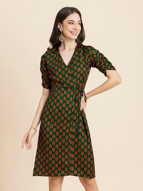 moomaya green printed wrap dress