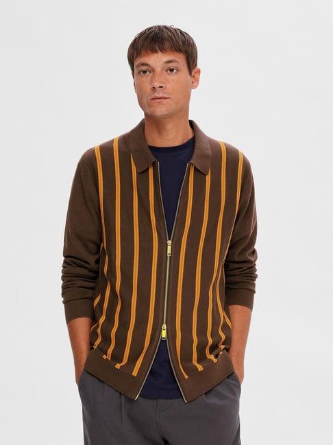 selected homme brown regular fit striped cardigan