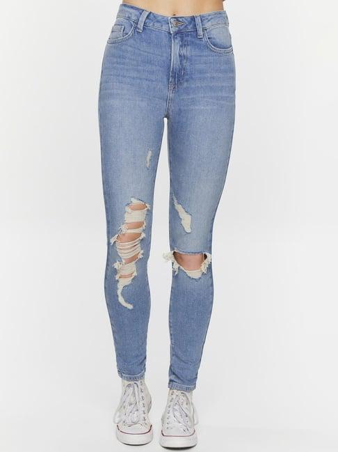 forever 21 blue cotton distressed high rise jeans