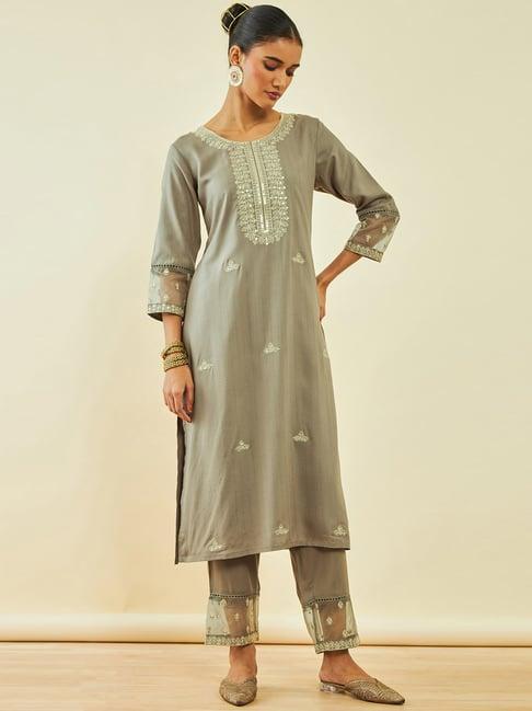 soch brown rayon floral embroidered straight kurta sets with sheer panels