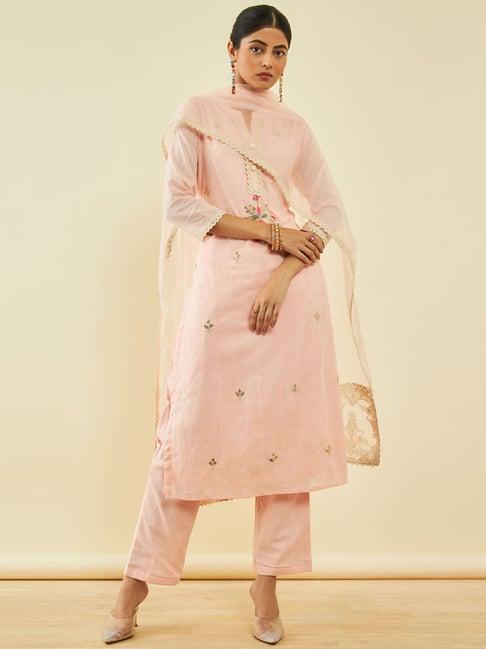 soch peach cotton schiffli embroidered suit set with gota patti work