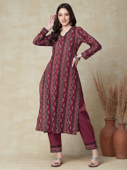 fashor maroon cotton printed kurta pant set