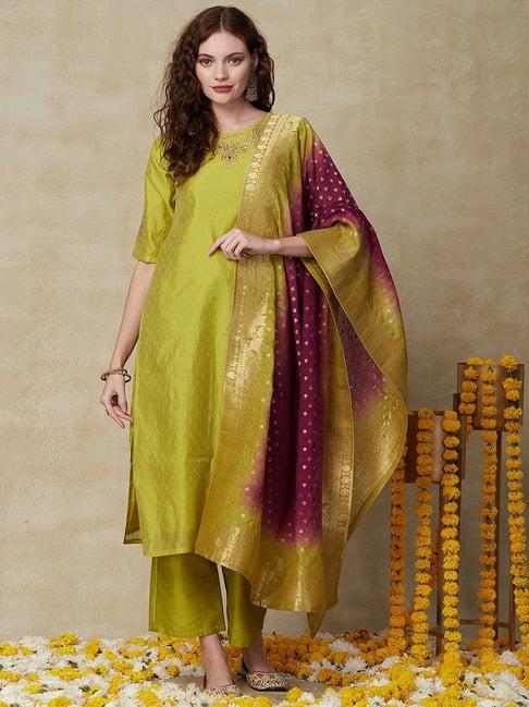 fashor green embroidered kurta pant set with dupatta