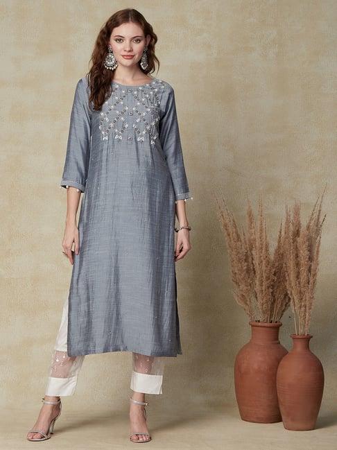 fashor grey embellished straight kurta