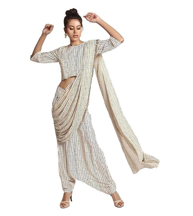 ps pret by payal singhal cream art crepe crop top and low crotch pants and drape set