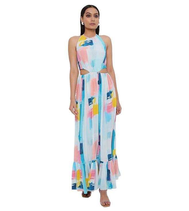 ps pret by payal singhal blue yellow enchanted print crepe waist cut-out dress