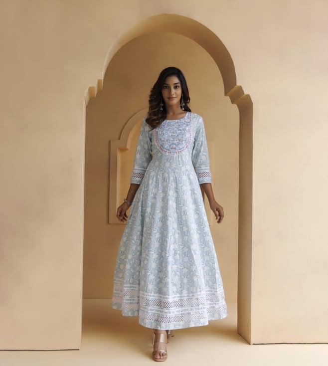 geroo jaipur sky blue cotton floral embroidered long dress