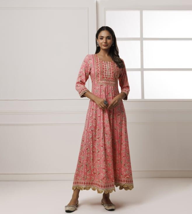 geroo jaipur pink cotton-rayon embroidered long dress