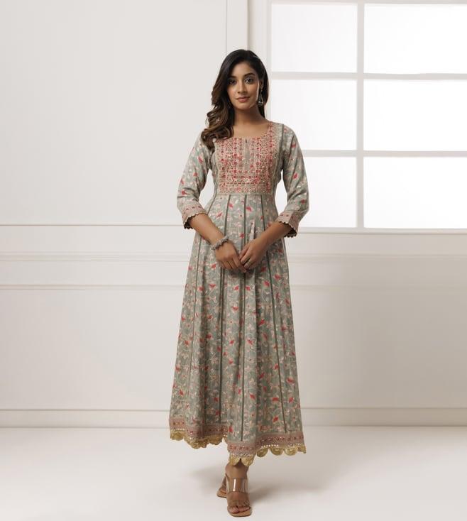 geroo jaipur grey cotton-rayon embroidered long dress