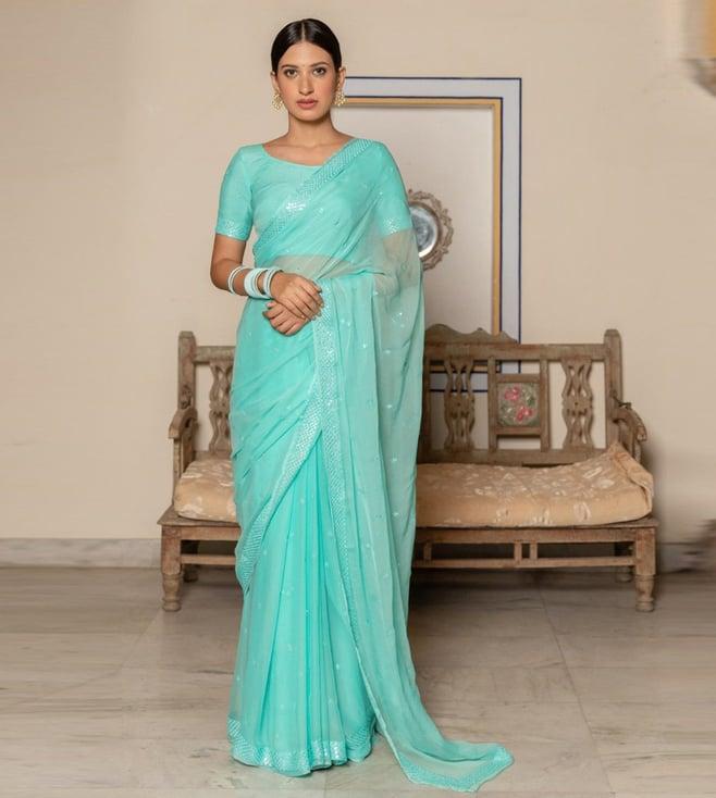 geroo jaipur turquoise blue handcrafted mirror work chiffon saree