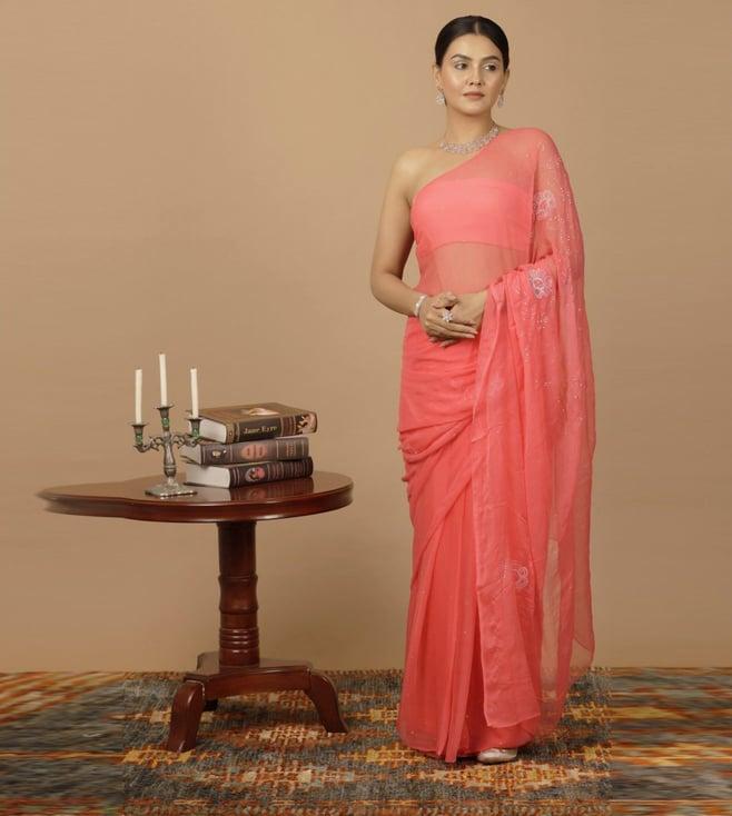 geroo jaipur peach chiffon hand embroidered mukaish saree