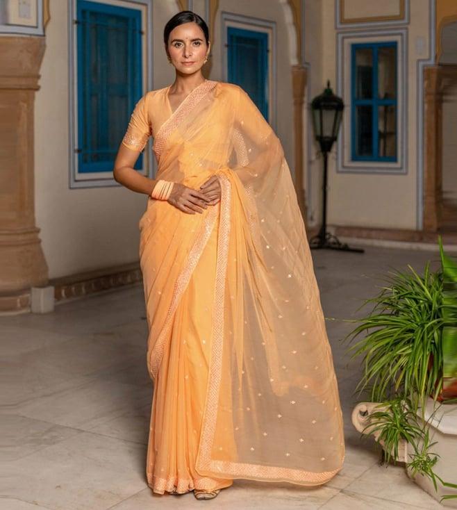 geroo jaipur peach handcrafted mirror work chiffon saree