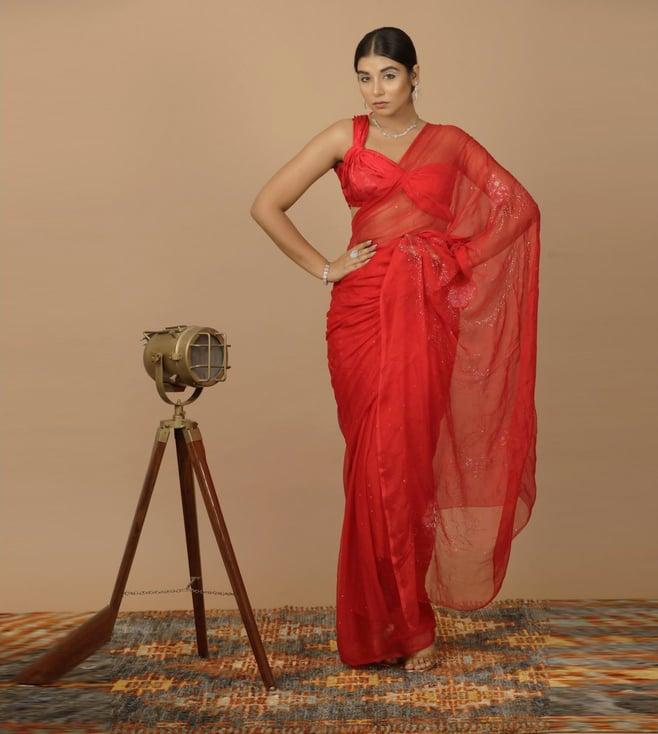 geroo jaipur red chiffon hand embroidered mukaish saree