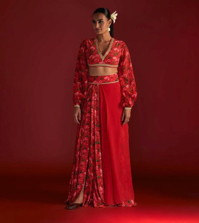 masaba red rain lily layered bustier and drape skirt