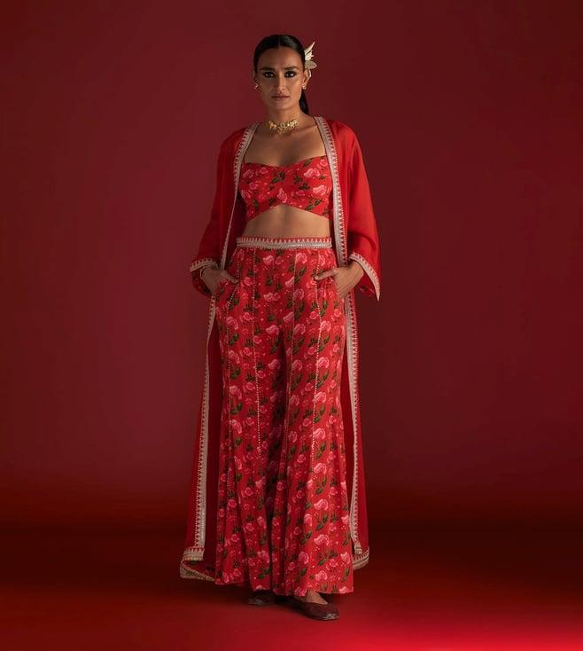 masaba red rain lily bustier with pant and cape