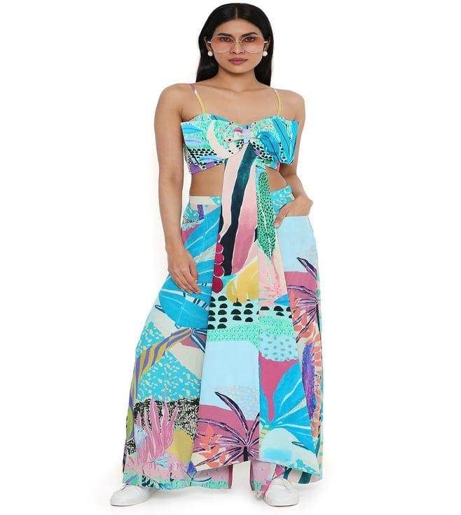 ps pret by payal singhal aqua tropical print crepe bow tube and pallazo pant