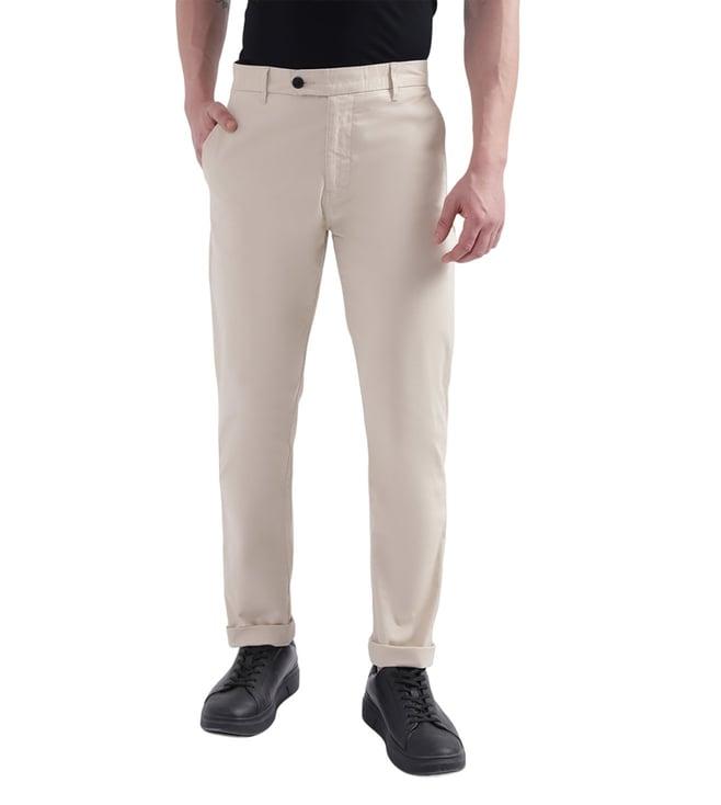 iconic beige slim fit flat front trousers