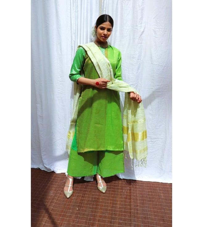 chidiyaa green kanak handwoven cotton zari dupatta