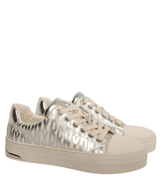 dkny women's fashion logo round toe lace-up beige & silver sneakers