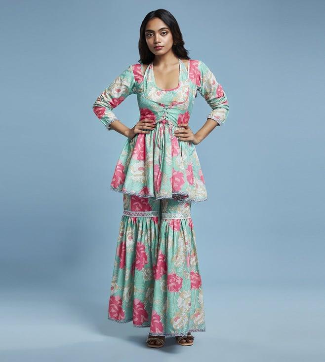 phatakaa green layered floral top with leheriya printed flared palazzo