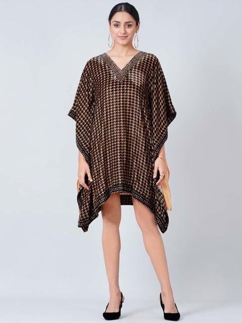 first resort by ramola bachchan beige crystal embellished houndstooth silk velvet tunic