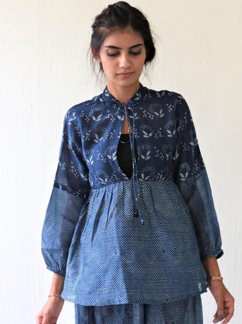 chidiyaa indigo foliage front slit blockprinted chanderi top ubs