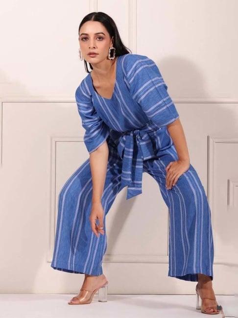 moh blue striped jump suit