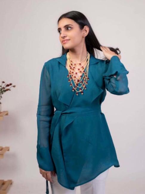 moh teal blue solid organza jacket