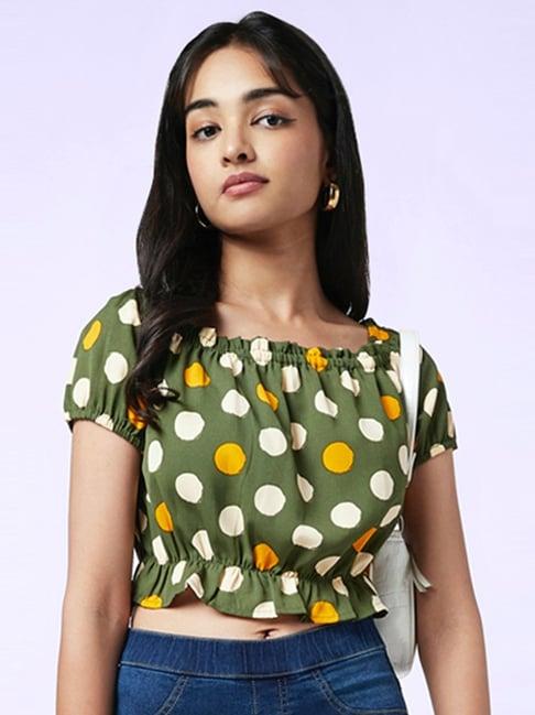 yu by pantaloons green cotton polka dots crop top