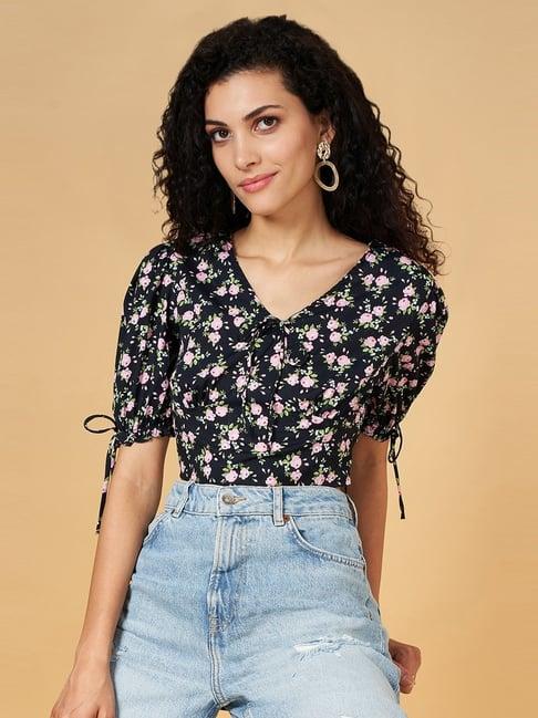 yu by pantaloons black floral print crop top