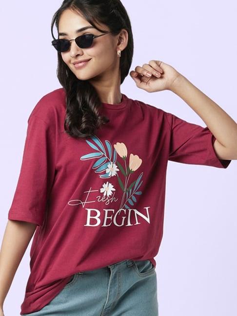 yu by pantaloons maroon cotton graphic print t-shirt