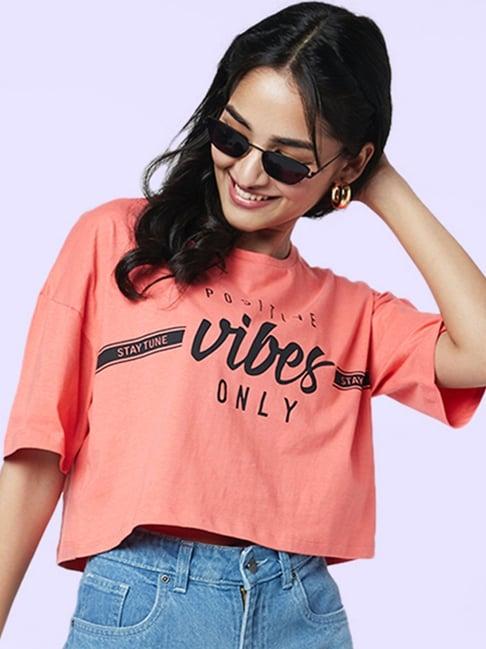 yu by pantaloons peach cotton graphic print top