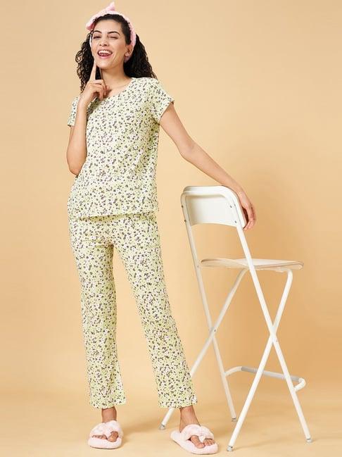 yu by pantaloons green cotton floral print top pyjama set