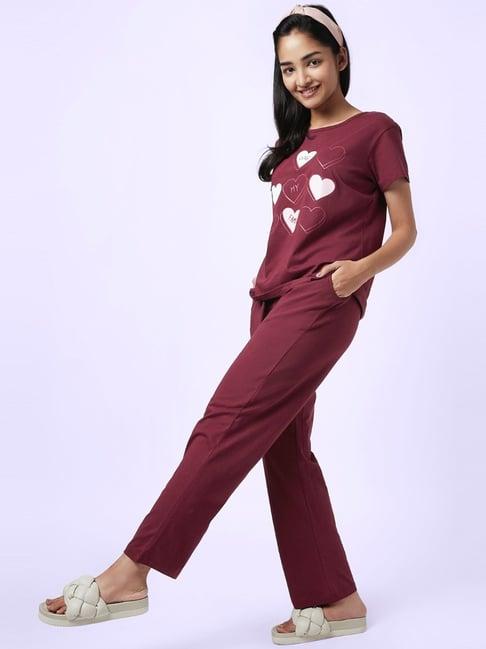 yu by pantaloons maroon cotton printed top pyjama set