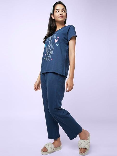 yu by pantaloons blue cotton graphic print top pyjama set