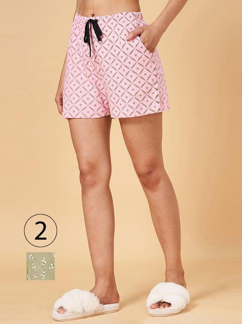 yu by pantaloons green & pink cotton printed shorts - pack of 2