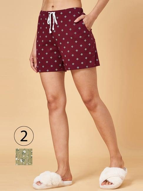 yu by pantaloons maroon & green cotton printed shorts - pack of 2