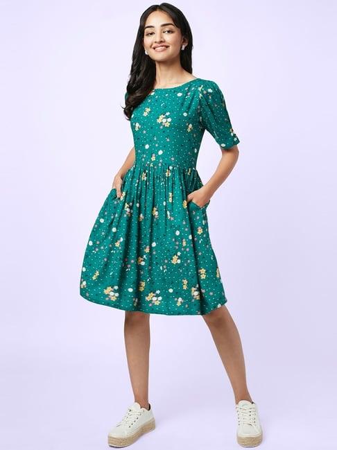 yu by pantaloons green floral print a-line dress