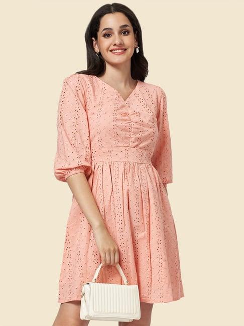 yu by pantaloons peach cotton self pattern a-line dress