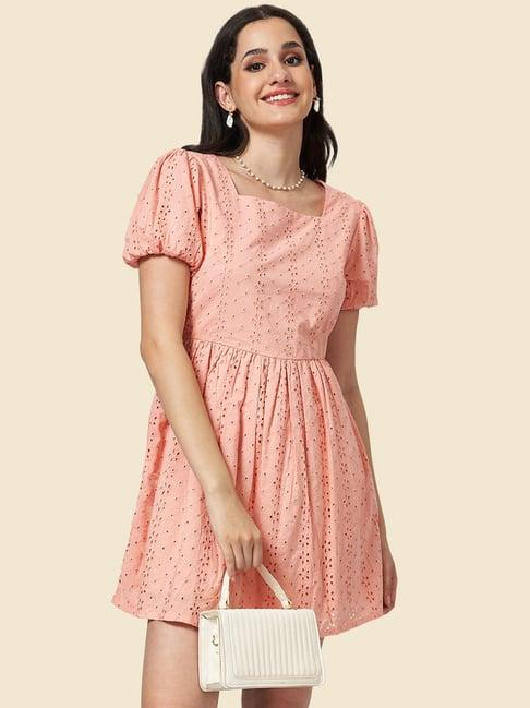 yu by pantaloons peach cotton self pattern a-line dress